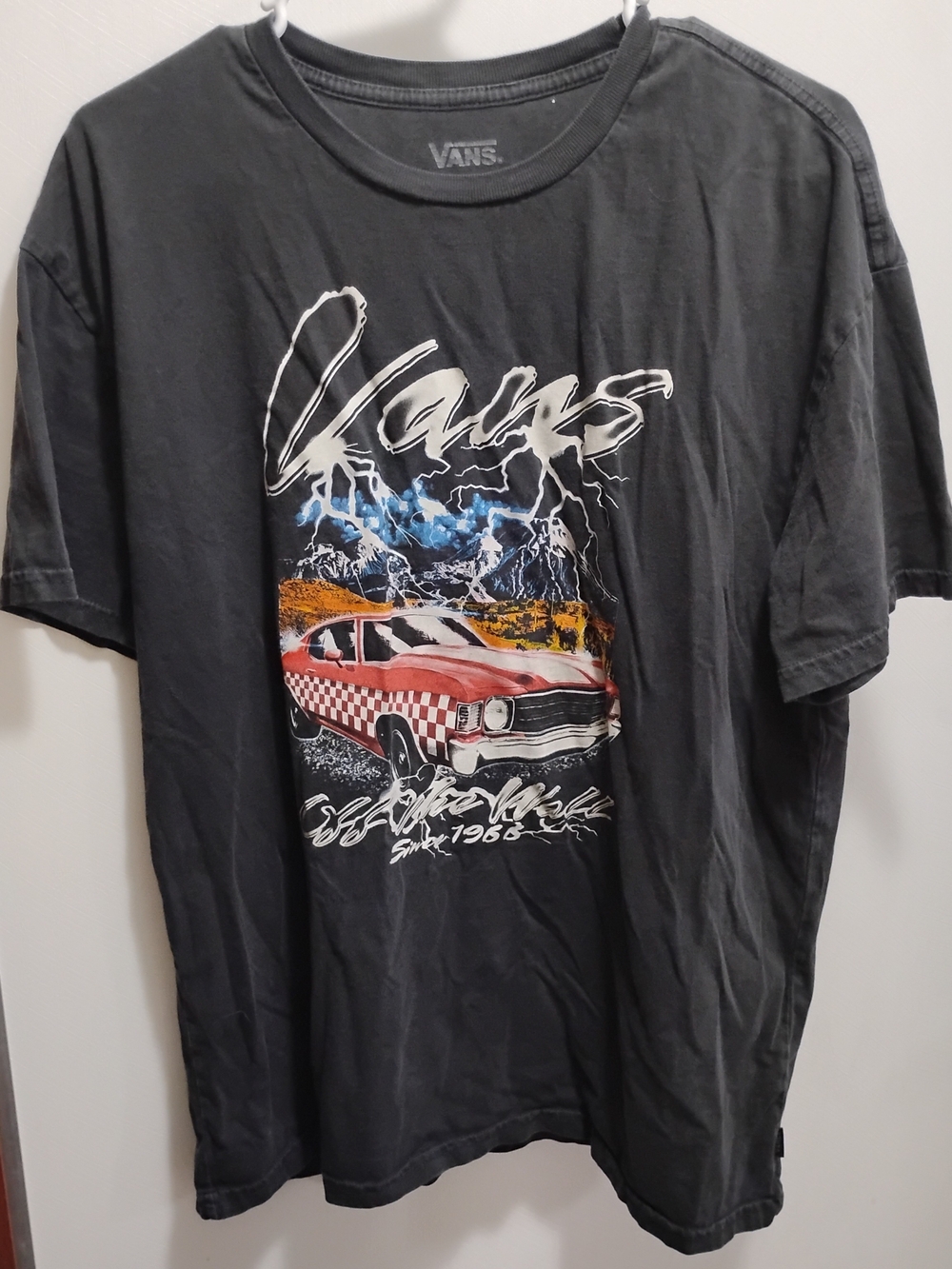 Vans Black Tee with Red Checker Muscle Car Graphic